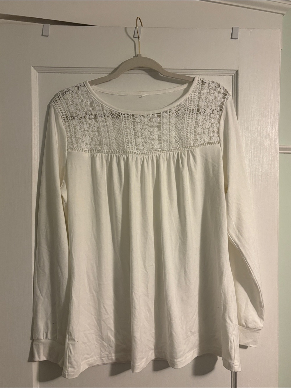 Women's White Crochet Yoke Long-Sleeve Top